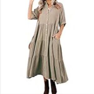 NWT R  Vivimos Prairie Dress Khaki Gauze Short Bubble Sleeve Button Up XL